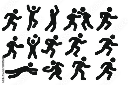 Action Icons Collection. Solid style icons of Action and movement: running, jumping, blocking, tackling, passing, catching, sprinting, evading, diving, spinning, pivoting, 