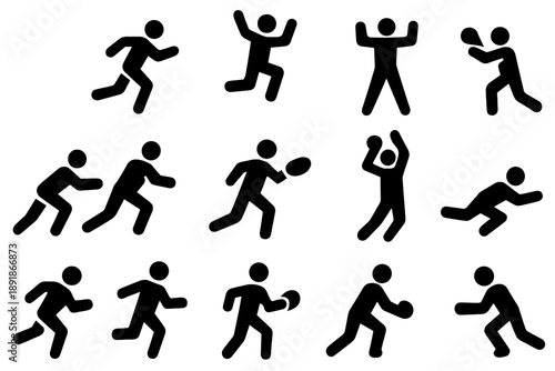 Action Icons Collection. Solid style icons of Action and movement: running, jumping, blocking, tackling, passing, catching, sprinting, evading, diving, spinning, pivoting, background, Solid style
