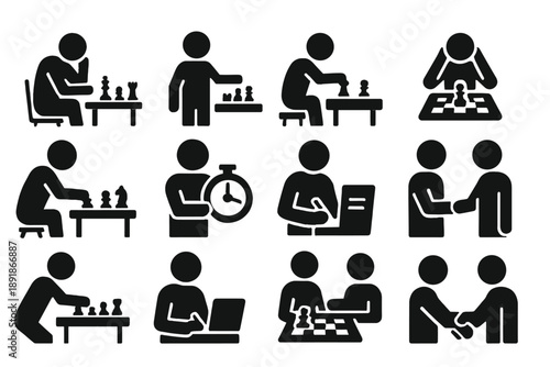 Chess Player Icons. Solid style icons of Chess players: thinker, strategist, hand move, concentration, study, timer use, notebook, pointing, observing, handshake, discussion, 