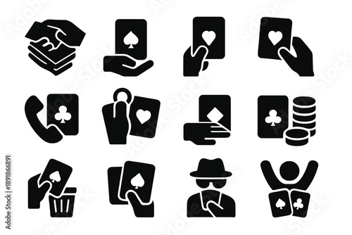 Card Game Symbols. Solid style icons of Card game actions: shuffle, deal, draw, fold, call, raise, check, bet, discard, reveal, bluff, win No text, No labels, isolated transparent 