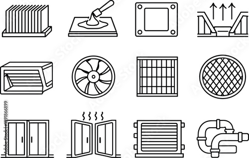 Line style vector icons of server cooling core: heat sink fins, thermal paste layer, copper base plate, airflow channel, cooling
