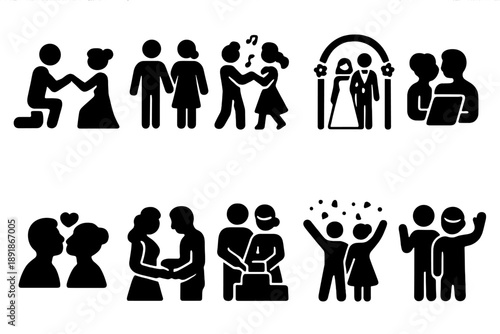 Couple Activities Icons. Solid style icons of Couple activities: exchanging rings, holding hands, dancing, toast clinking, walking aisle, posing for photo, kissing, cutting cake, signing 