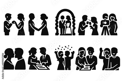 Couple Activities Icons. Solid style icons of Couple activities: exchanging rings, holding hands, dancing, toast clinking, walking aisle, posing for photo, kissing, cutting cake, signing 