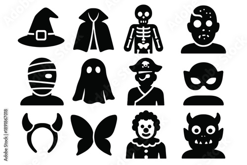 Halloween Costume Icons. Solid style icons of Halloween costumes: witch hat, vampire cloak, skeleton outfit, zombie mask, mummy wrap, ghost sheet, pirate costume, 
