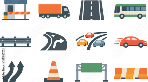 Flat vector icons of busy highway: toll booth, cargo truck, multi-lane road, passing bus, guardrail line, exit ramp, traffic wave