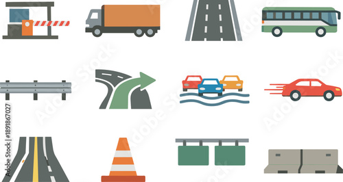 Flat vector icons of busy highway: toll booth, cargo truck, multi-lane road, passing bus, guardrail line, exit ramp, traffic wave