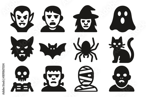 Scary Creatures Icons. Solid style icons of Scary creatures: vampire, zombie, witch, ghost, werewolf, bat, spider, black cat, skeleton, monster, mummy, ghoul No text, No labels, 