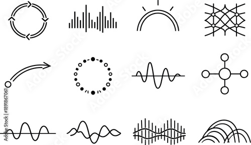 Line style vector icons of OS immunity: feedback ring, frequency band, phase arc, rhythm mesh, transition arc, pattern ring,