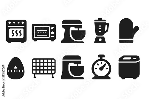 Solid Appliance Icons. Solid style icons of Oven and appliances: convection oven, toaster oven, mixer, blender, dough proofer, oven mitt, timer, cooling rack, baking stone, 