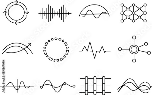 Line style vector icons of OS immunity: feedback ring, frequency band, phase arc, rhythm mesh, transition arc, pattern ring,