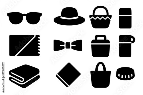 Picnic Accessories Icons. Solid style icons of Picnic accessories: sunglasses, hat, basket handle, picnic mat corner, ribbon, thermos lid, cooler lid, blanket fold, napkin, 