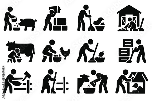 Farming Activity Icons. Solid style icons of Farming activities: feeding animals, stacking hay, cleaning barn, milking cow, collecting eggs, chopping straw, carrying feed, 