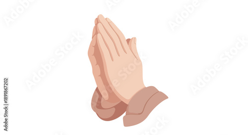 Illustration of clasped hands in prayer with palms together and fingers interlocked on a plain white background.