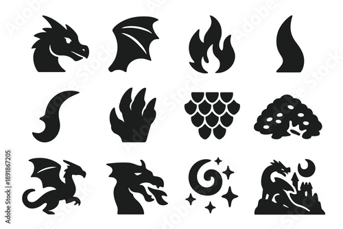 Dragon Themed Icons. Solid style icons of Dragon inspiration: dragon sketch, wing pattern, fire illustration, tail design, claw drawing, scale texture, horn shape, flying pose, 