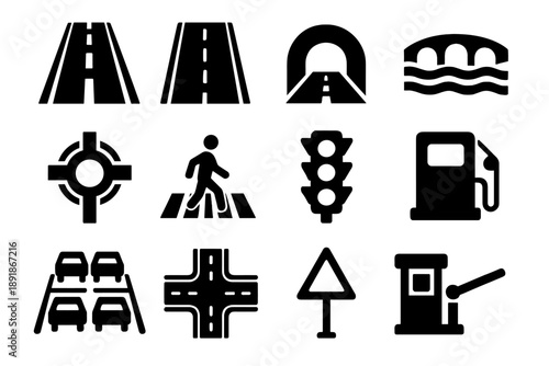 Transport Infrastructure Icons. Solid style icons of Roads and transport infrastructure: highway, street, tunnel, bridge,