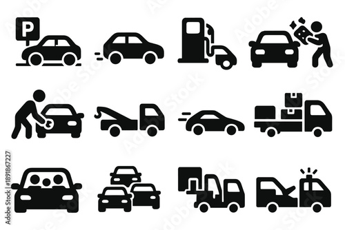 Vehicle Life Icons. Solid style icons of Vehicle life: car parked, car driving, refueling, cleaning, repairing, towing, racing,