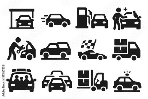 Vehicle Life Icons. Solid style icons of Vehicle life: car parked, car driving, refueling, cleaning, repairing, towing, racing, transporting goods, family trip, traffic jam, loading 
