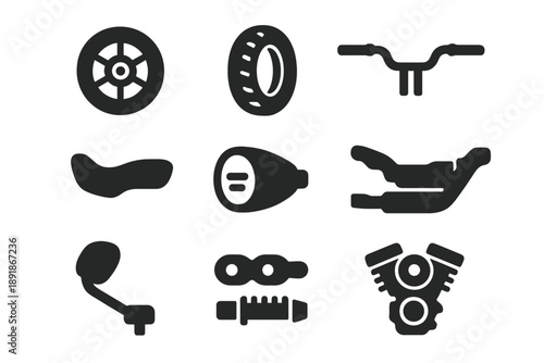 Motorcycle Parts Icons. Solid style icons of Motorcycle parts: wheel, tire, handlebar, seat, headlight, exhaust, brake, chain,
