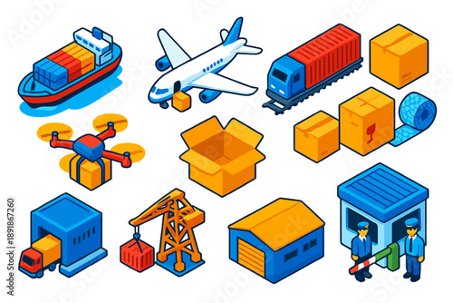Isometric Delivery Icons. Isometric vector illustration set delivery and shipping: cargo ship, airplane with cargo hold, train