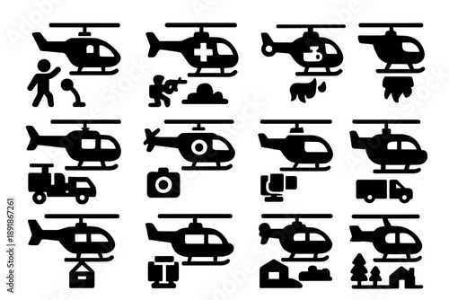 Helicopter Mission Icons. Solid style icons of Helicopter missions: search and rescue, medical evacuation, firefighting, military