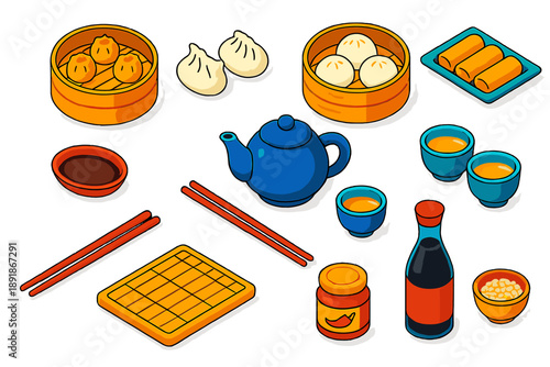 Dim Sum Delights. Isometric vector illustration set cooking themes: dim sum basket, dumplings, bao buns, spring rolls, dipping sauce dish, tea pot, tea cups, chopsticks, bamboo 