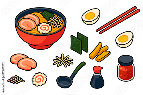 Ramen Essentials Icons. Isometric vector illustration set cooking themes: ramen bowl, chopsticks, boiled egg halves, sliced pork, seaweed sheets, bamboo shoots, bean 