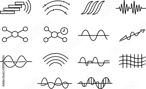Line style vector icons of digital scent transmission: flow bar, propagation line, signal stripe, pulse bar, variation node,