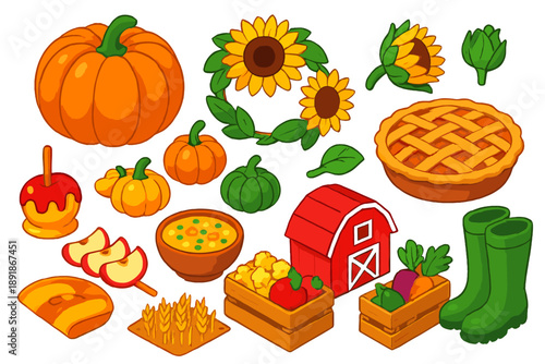 Colorful Harvest Icons. Isometric vector illustration set pumpkin, sunflower, apples, and more: giant harvest pumpkin, mini