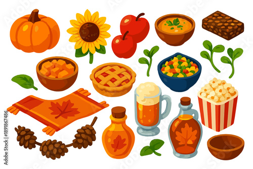 Autumn Harvest Icons. Isometric vector illustration set pumpkin, sunflower, apples, and more: pumpkin curry bowl, diced pumpkin in