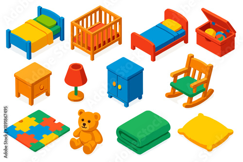 Vibrant Kids' Bedroom Essentials. Isometric vector illustration set bedroom elements collection: children’s bed, crib, toddler bed