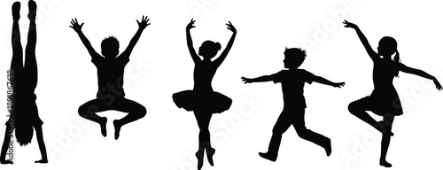 Black silhouette set of active children jumping performing handstands and dancing ballet for youth sports education and healthy childhood lifestyle design,