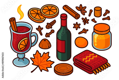 Cozy Autumn Beverages. Isometric vector illustration set autumn drinks and tea: mulled wine glass, orange slices, cinnamon stick,
