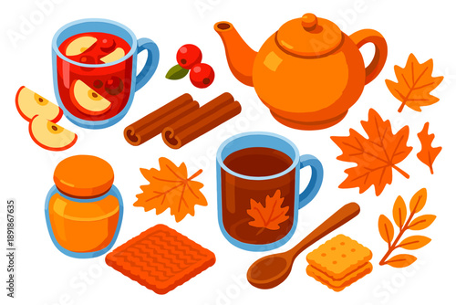 Autumn Tea Delight. Isometric vector illustration set autumn drinks and tea: fruit-infused tea, apple slices, berries, cinnamon sticks, tea pot, tea glass, maple leaves, 