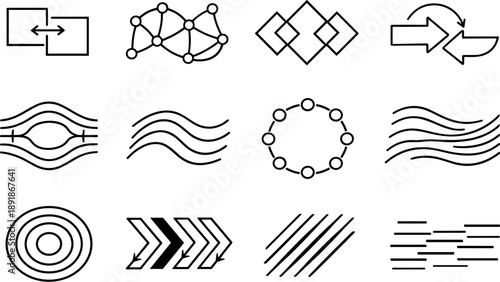 Startup Icon Grid. Line style vector icons of startup business launch operations and legal: sync tile, flow mesh, pattern tile,