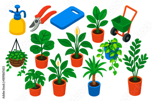 Bold Garden Tools. Isometric vector illustration set featuring tools and plants: plant mister, hand pruner, kneeling pad, seed