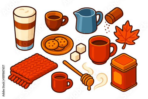 Autumn Beverage Icons. Isometric vector illustration set autumn drinks and tea: latte macchiato, espresso shot, steamed milk jug,