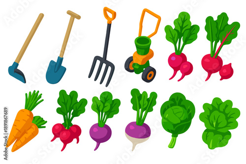 Vibrant Garden Tools. Isometric vector illustration set featuring tools and plants: digging hoe, edging spade, broadfork, seed