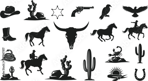 Iconic Western Silhouette Collection Cowboy, Horse, and Desert Elements