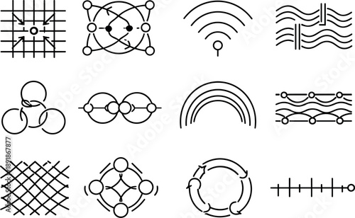 Line style vector icons of scent diffusion: feedback mesh, sync mesh, signal line, modulation stripe, loop node, sync node,