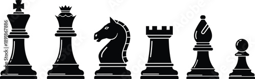 Black silhouette set of classic chess pieces including king queen knight rook bishop and pawn for strategy game and competition,