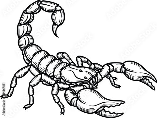 Scorpion illustration in black and white, a detailed drawing of a dangerous arachnid