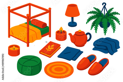 Cozy Bedroom Icons. Isometric vector illustration set relaxation and comfort: canopy bed, lightweight coverlet, bolster pillow,