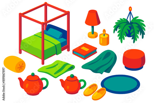 Cozy Bedroom Icons. Isometric vector illustration set relaxation and comfort: canopy bed, lightweight coverlet, bolster pillow,