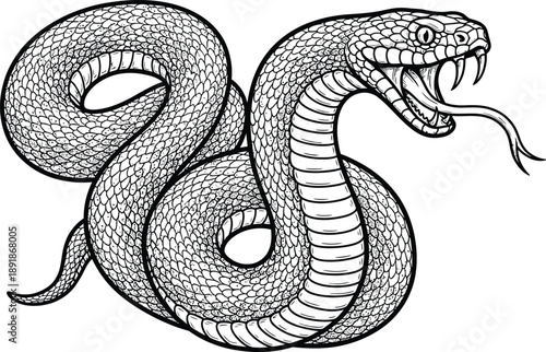 Black and white illustration of a coiled snake with its tongue sticking out