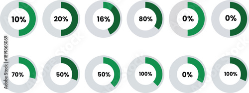 Collection of various percentage charts for data visualization, progress tracking, and statistical representation in a clean, modern infographic style