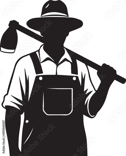 Minimalist Farmer Silhouette Holding Hoe Vector Illustration