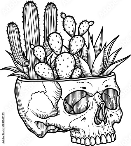 Skull planter filled with various desert cacti and succulents, illustrative style