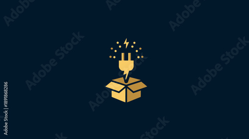 A gold-colored power plug emitting electricity over an open box on a dark blue background