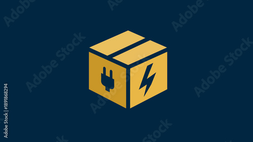 A golden, three-dimensional box with an electrical plug and lightning bolt on it against a dark blue background
