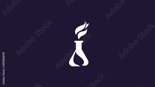A white lab flask with flames emanating from its opening against a deep purple background
